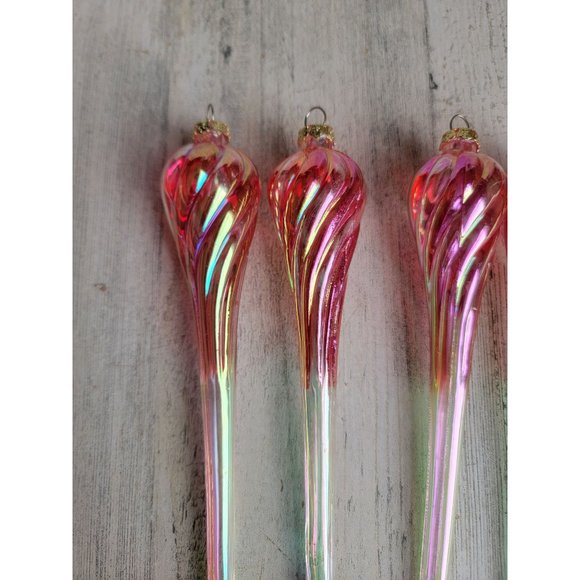 Iridescent long Red Twisted glass ornament Xmas set - Picture 3 of 7